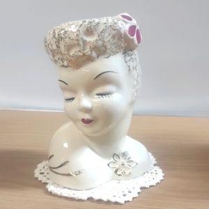 Vintage Glamour Girl Lady Head Vase 22 Karat Gold Trim 6"